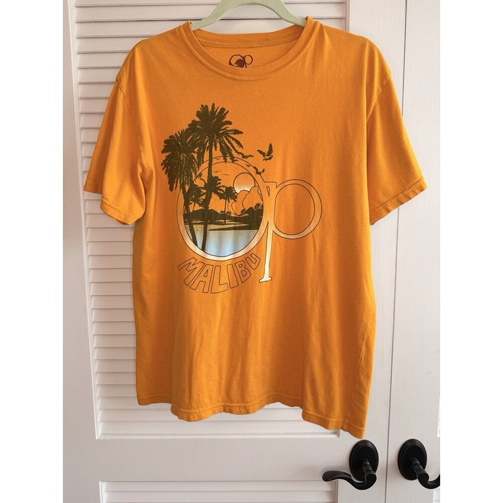 OP Malibu Graphic Tee Yellow Palm Tree Sunset T Shirt Mens Medium Retro Beach